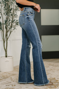 Judy Blue  Mid Rise Button Fly Flare with Destroy Fray Hem