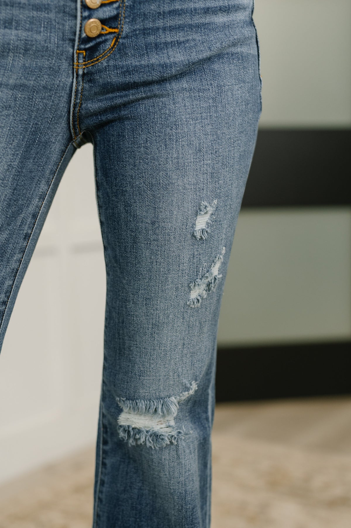 Judy Blue  Mid Rise Button Fly Flare with Destroy Fray Hem