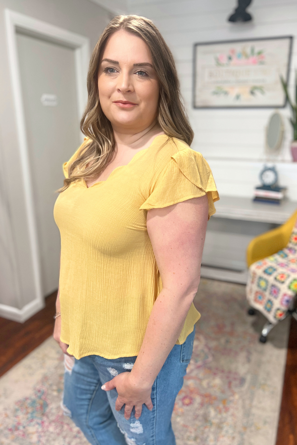 Scalloped V-Neck Top in Dusty Yellow