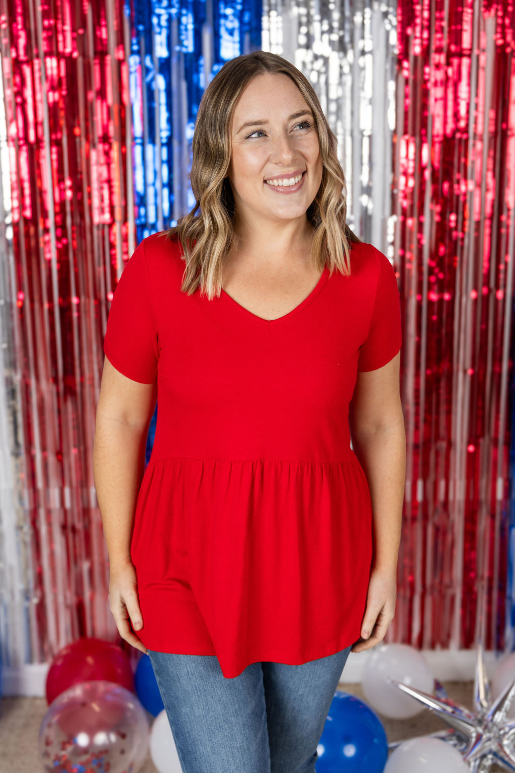 Sarah Ruffle Short Sleeve in Red