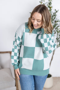 Checkered Pullover Sweater in Dusty Jade