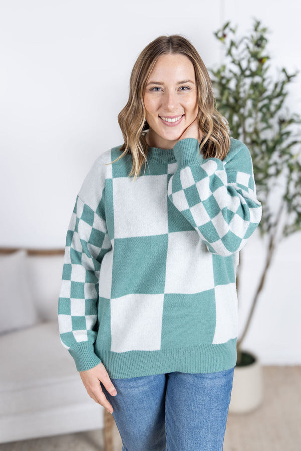 Checkered Pullover Sweater in Dusty Jade
