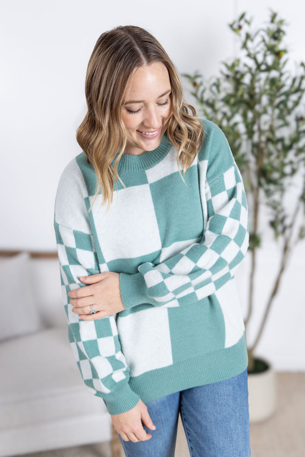 Checkered Pullover Sweater in Dusty Jade