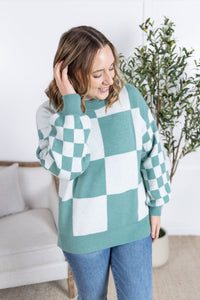 Checkered Pullover Sweater in Dusty Jade