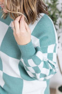 Checkered Pullover Sweater in Dusty Jade