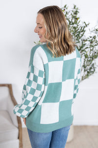 Checkered Pullover Sweater in Dusty Jade