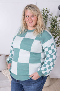 Checkered Pullover Sweater in Dusty Jade