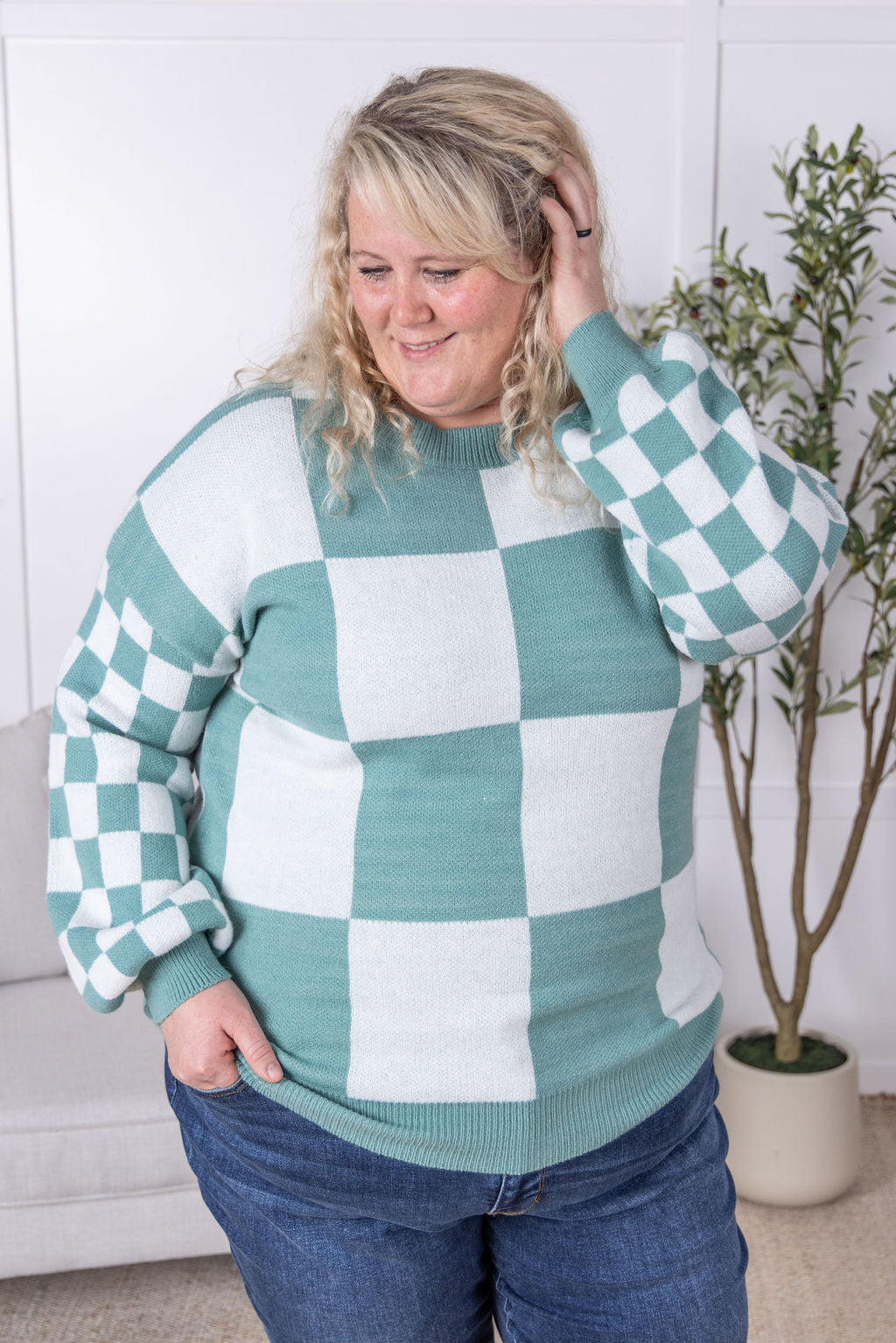 Checkered Pullover Sweater in Dusty Jade