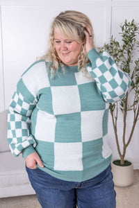 Checkered Pullover Sweater in Dusty Jade