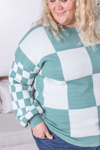 Checkered Pullover Sweater in Dusty Jade