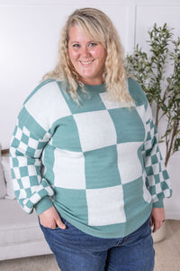 Checkered Pullover Sweater in Dusty Jade