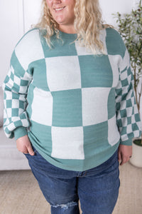 Checkered Pullover Sweater in Dusty Jade