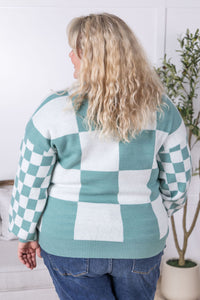 Checkered Pullover Sweater in Dusty Jade