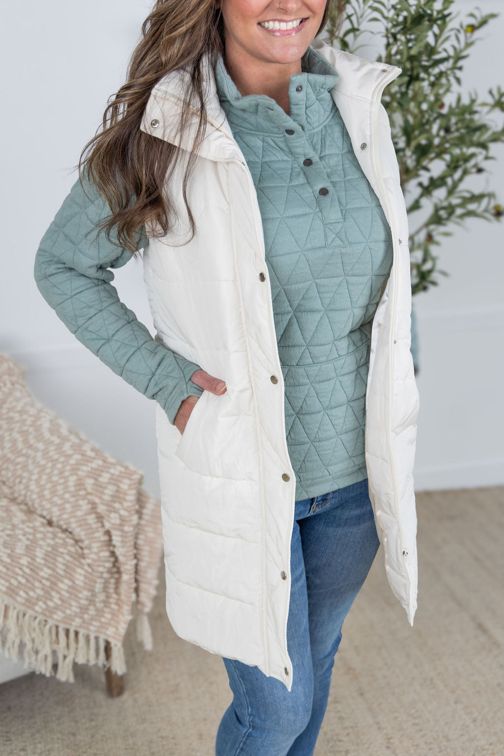 Harlow Long Vest in Cream