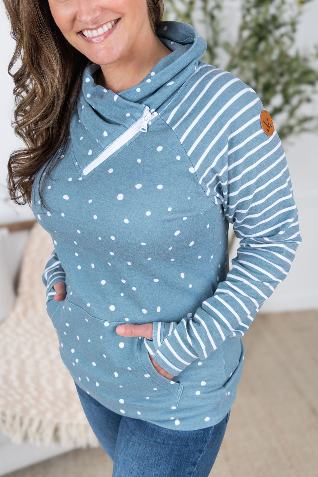 Zoey ZipCowl Sweatshirt in Teal Dots and Stripes