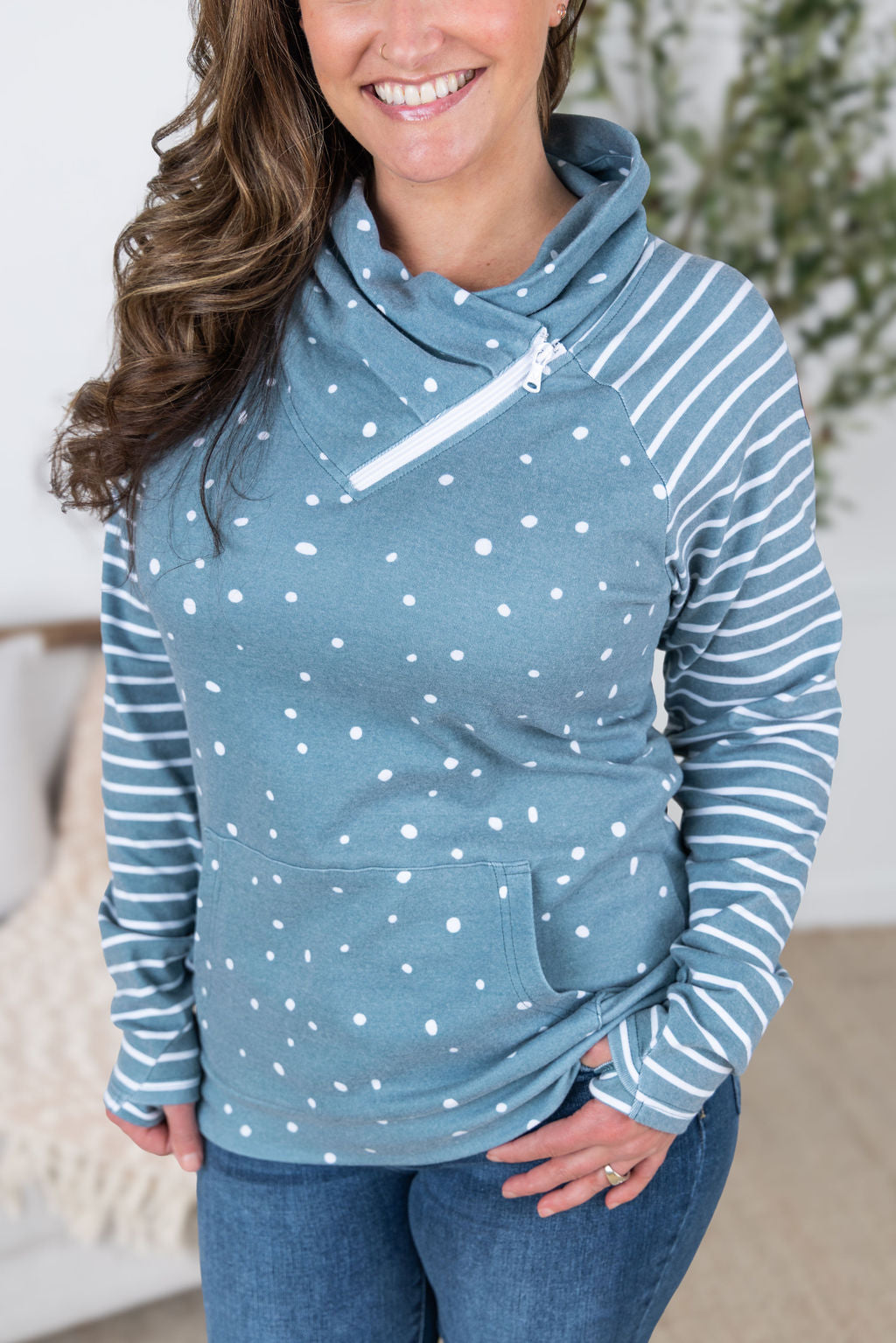 Zoey ZipCowl Sweatshirt in Teal Dots and Stripes
