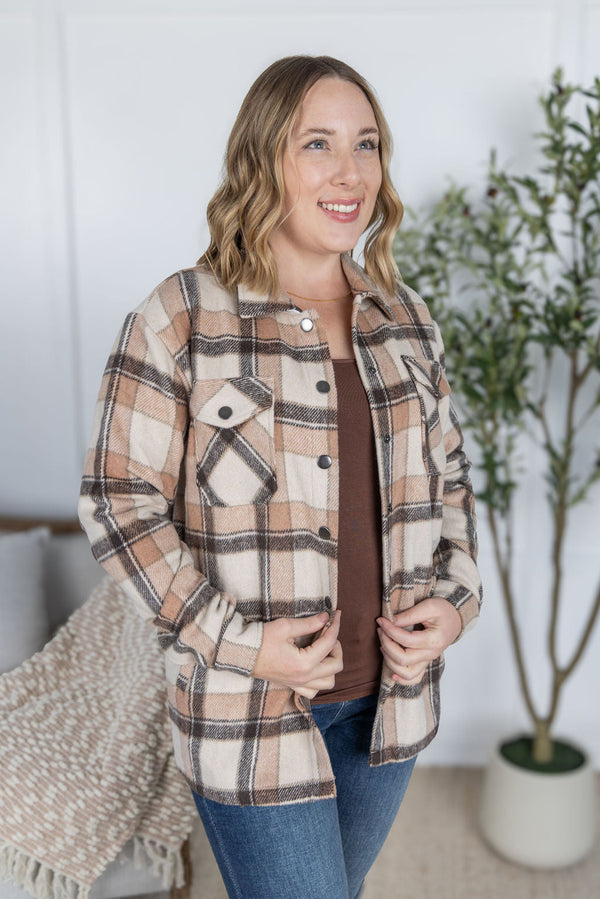 Norah Plaid Shacket in Beige Mix Plaid