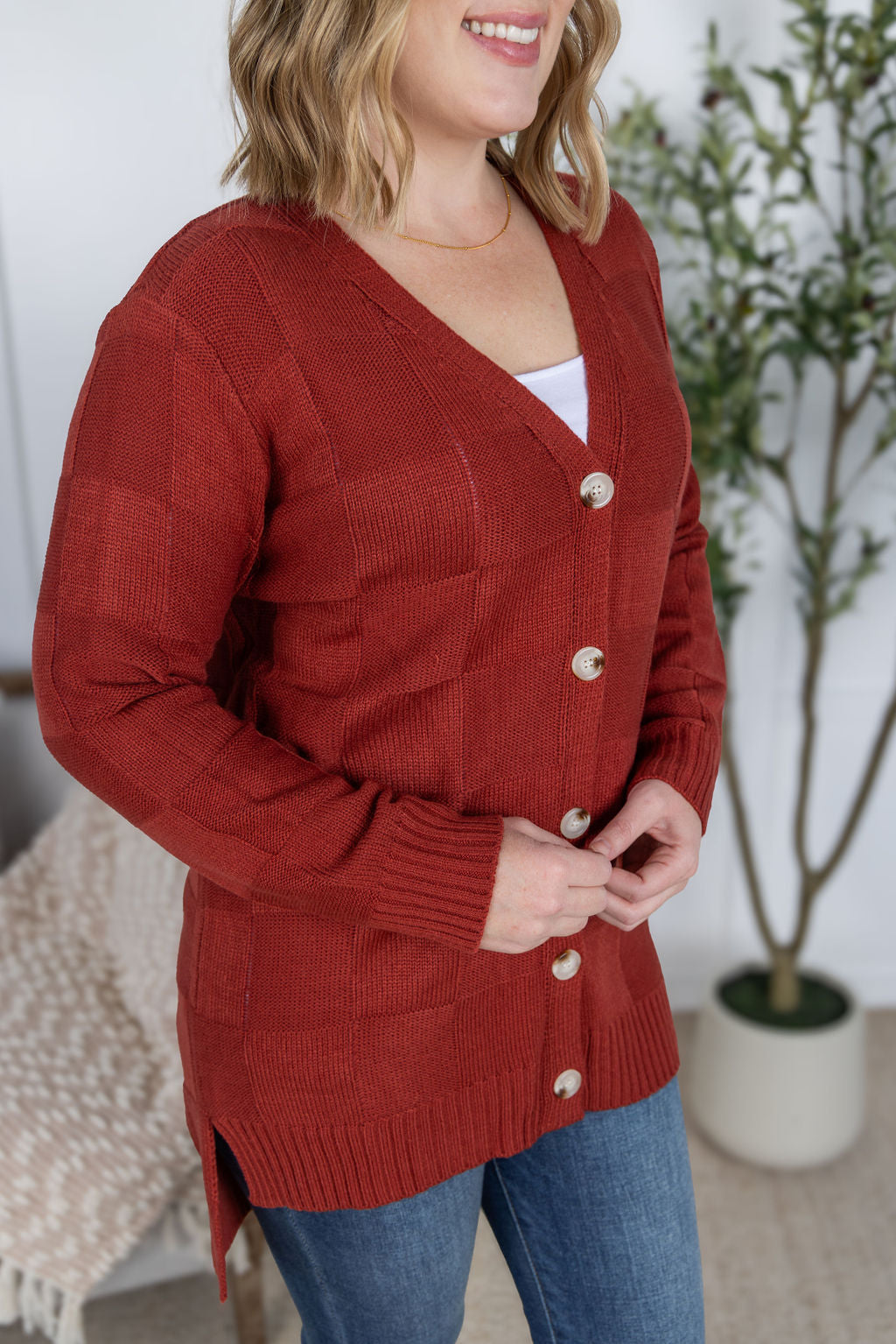 Chelsea Checkered Cardigan in Brick