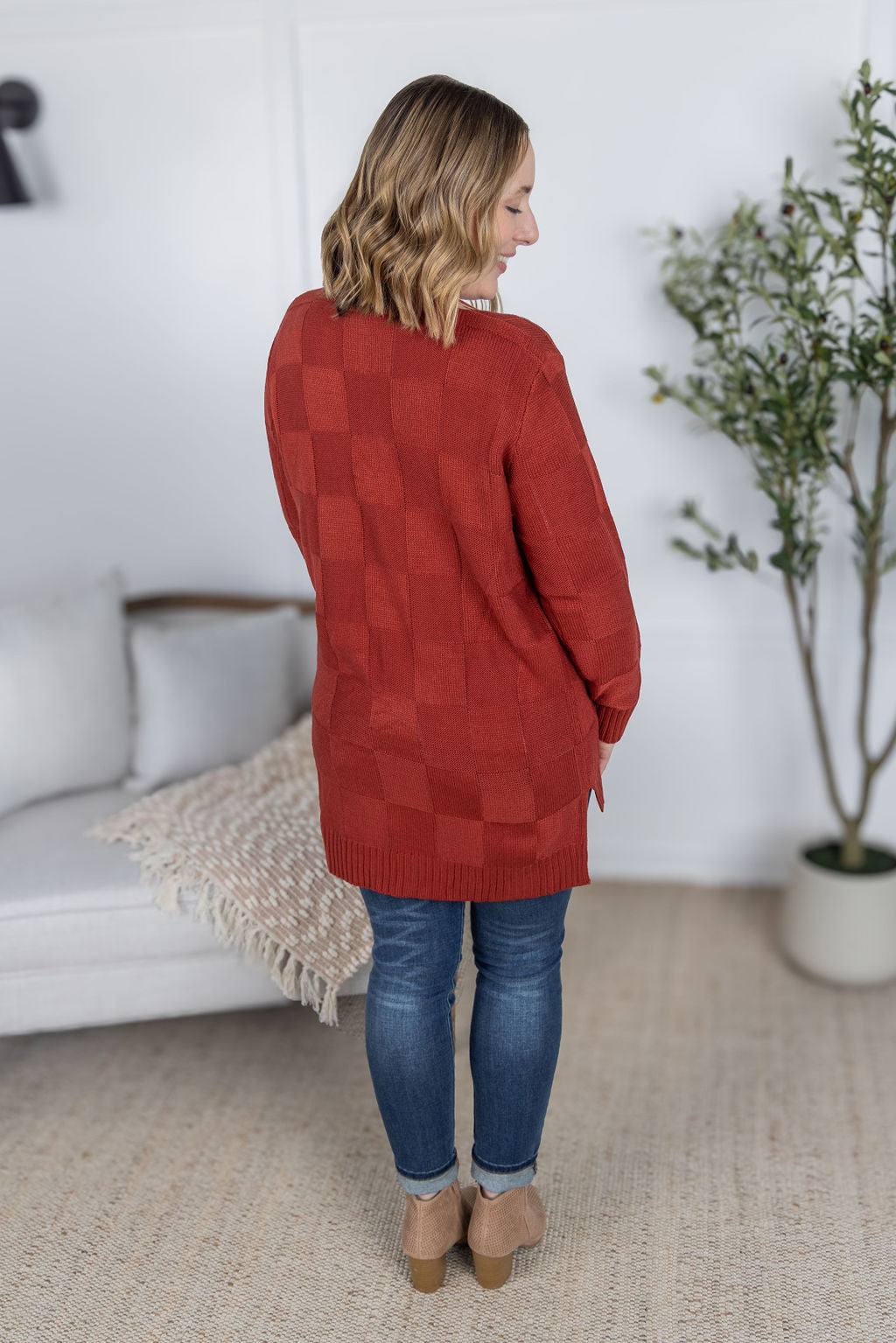 Chelsea Checkered Cardigan in Brick