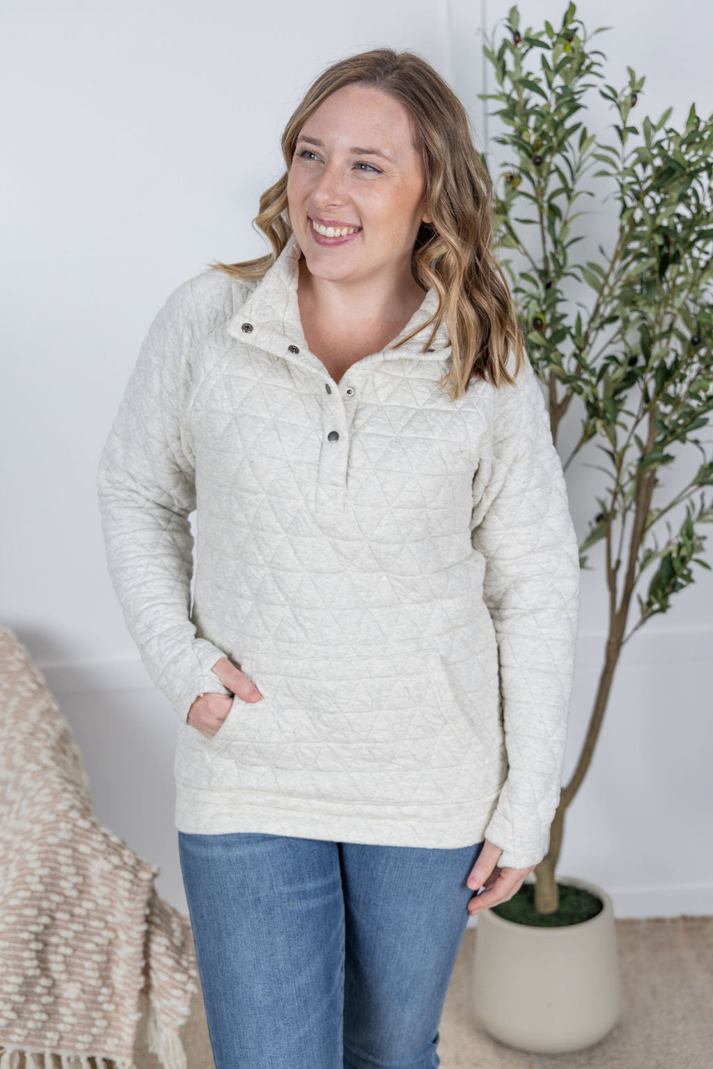 Geometric Button Snap Pullover in Oatmeal