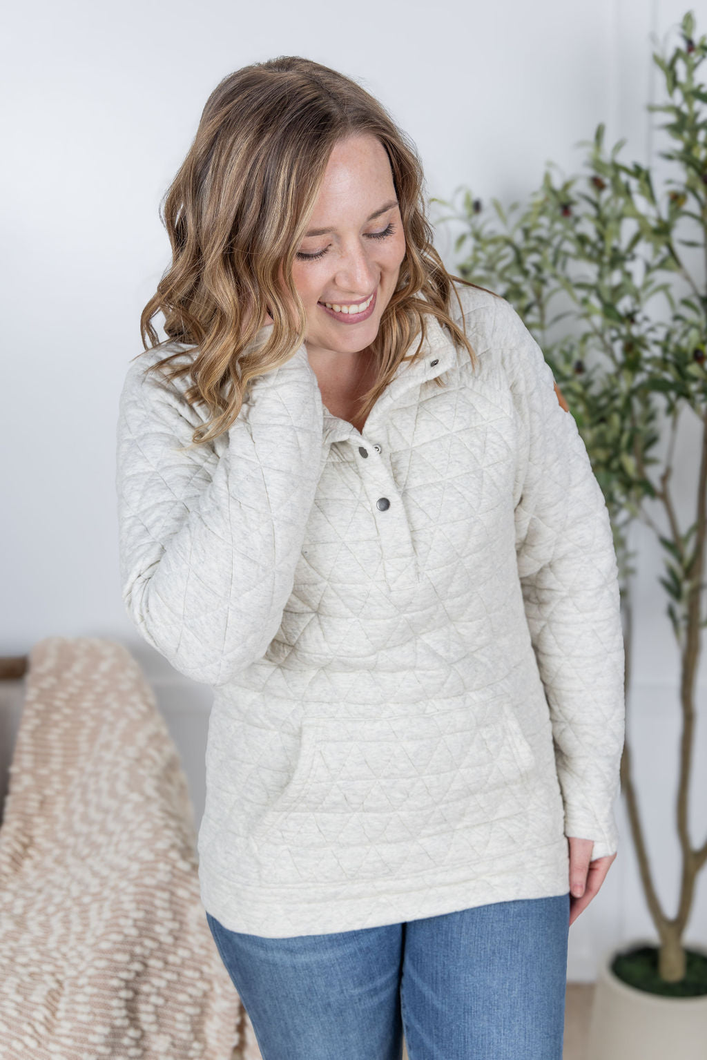 Geometric Button Snap Pullover in Oatmeal
