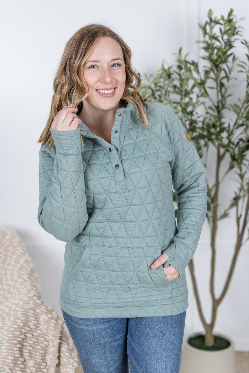 Geometric Button Snap Pullover in Sage