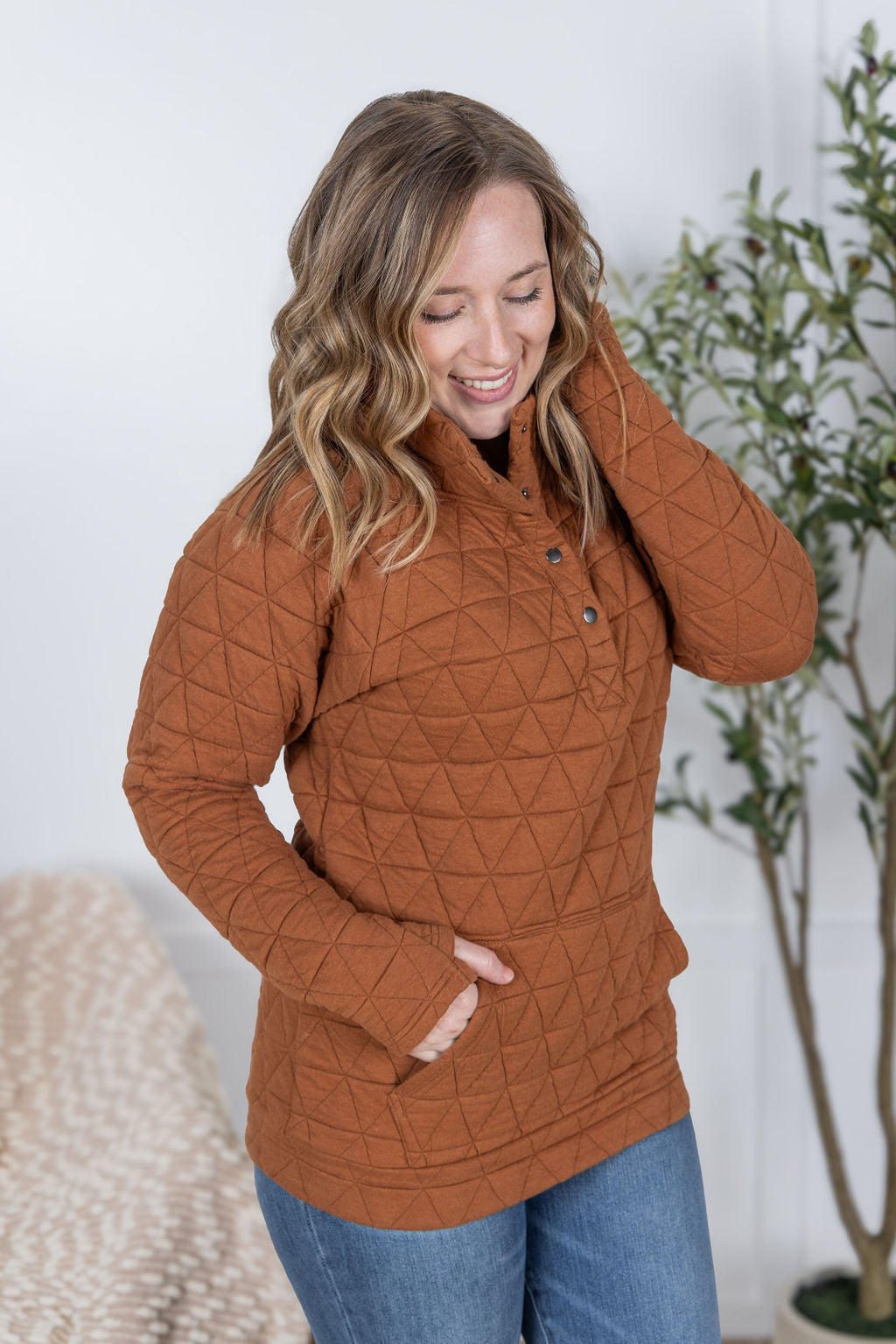 Geometric Button Snap Pullover in Rust