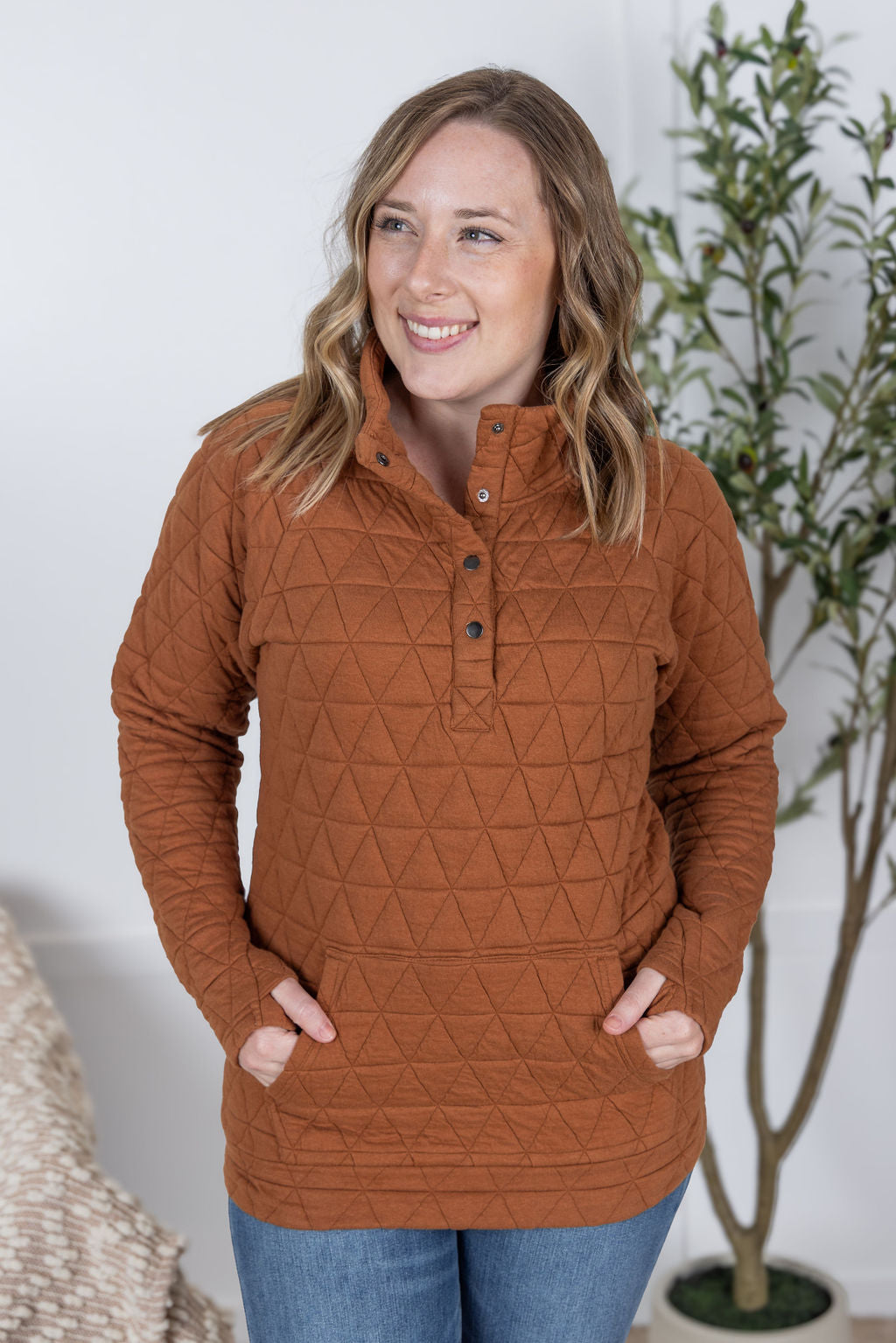 Geometric Button Snap Pullover in Rust