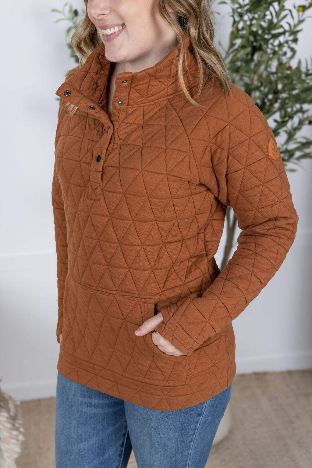 Geometric Button Snap Pullover in Rust
