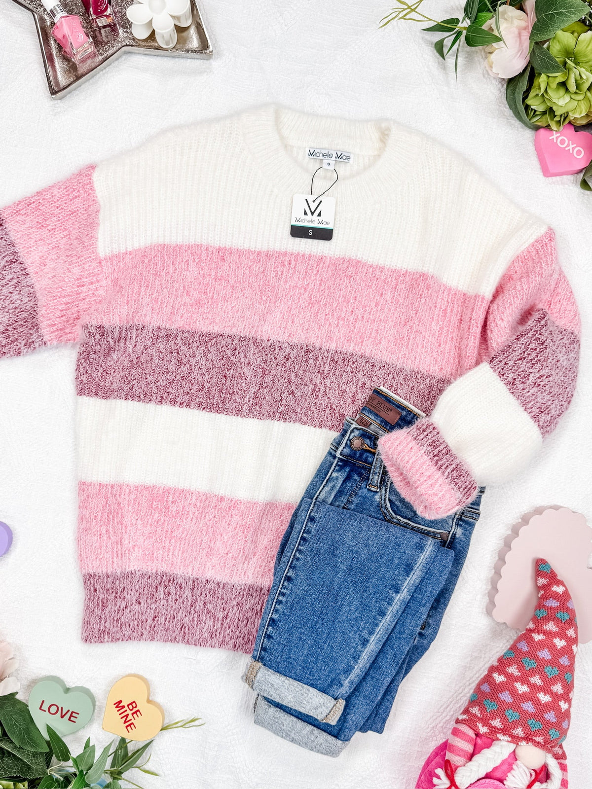 Cozy Block Sweater in VDay Stripes