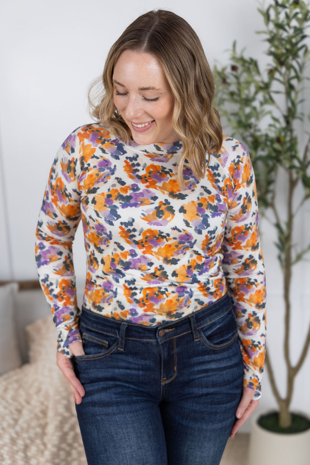 Blair Long Sleeve Top in Autumn Purple Abstract