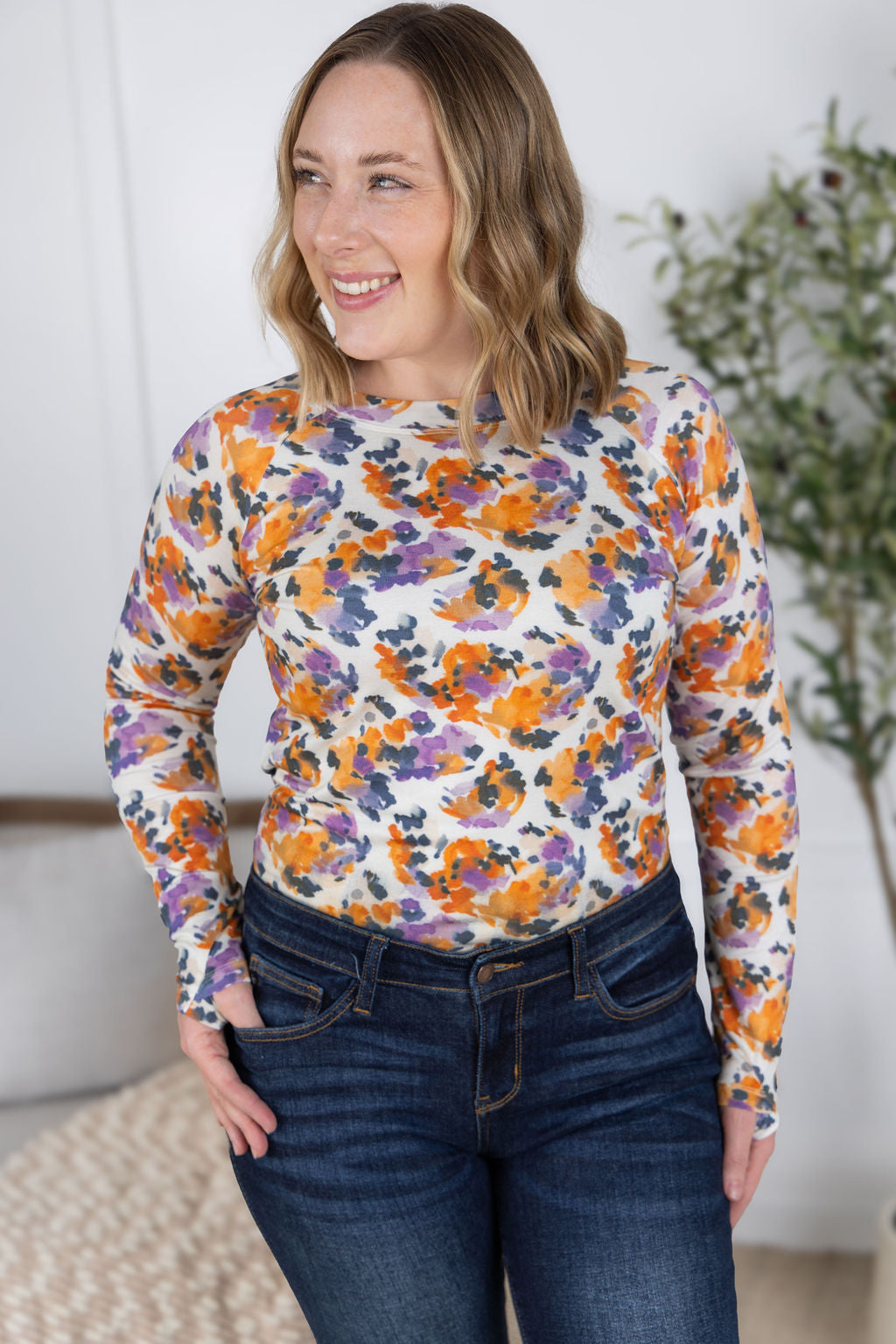 Blair Long Sleeve Top in Autumn Purple Abstract