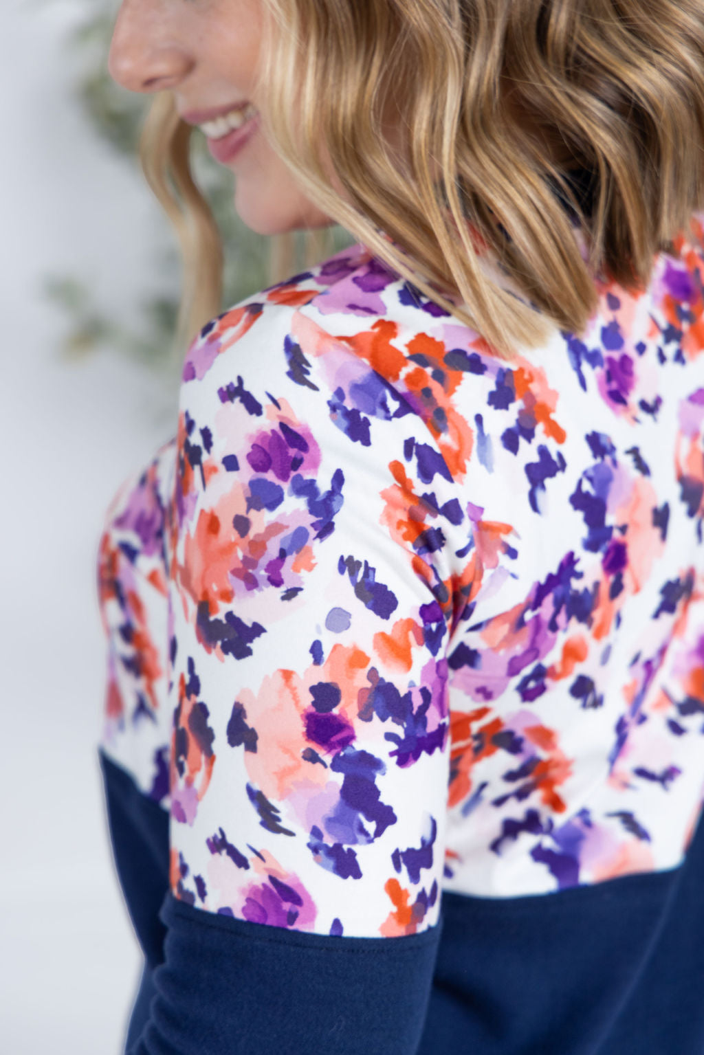 Natalie Pullover in Autumn Purple Abstract and Navy