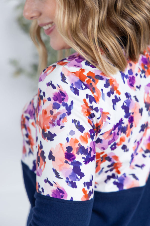 Natalie Pullover in Autumn Purple Abstract and Navy