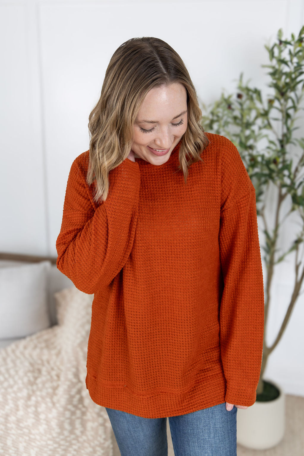 Waffle Knit Long Sleeve Top in Pumpkin