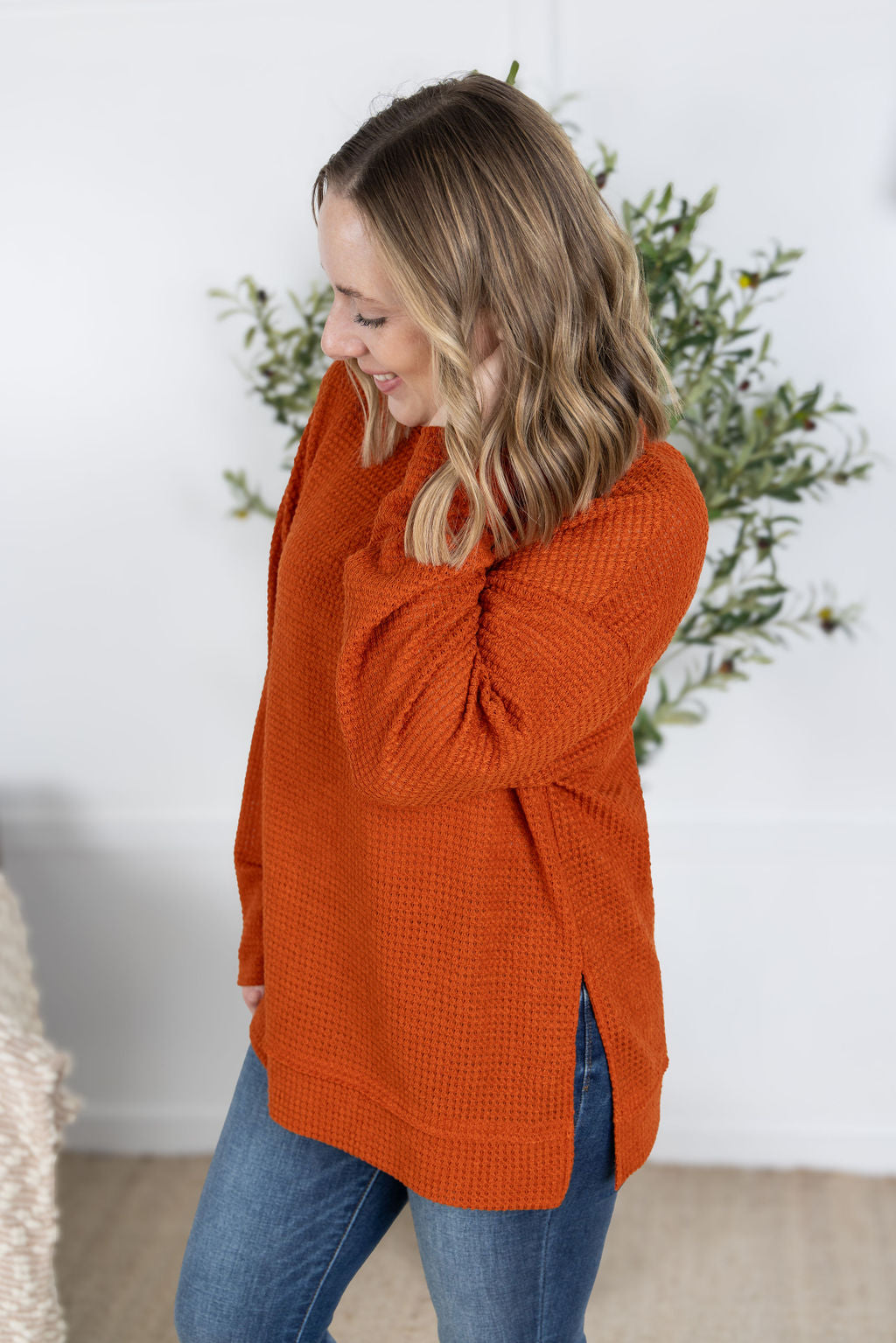 Waffle Knit Long Sleeve Top in Pumpkin