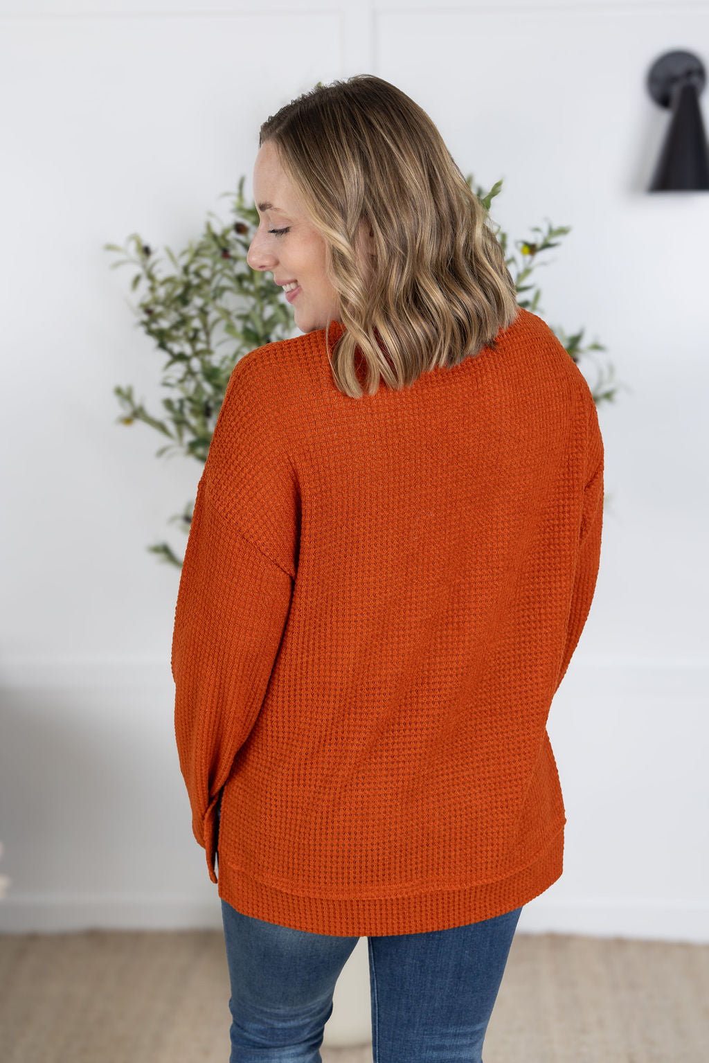 Waffle Knit Long Sleeve Top in Pumpkin