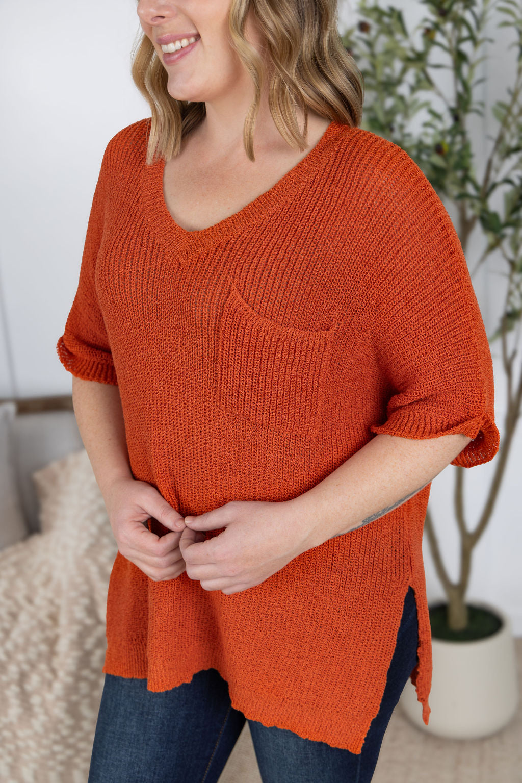 Annie Open Knit Top in Pumpkin