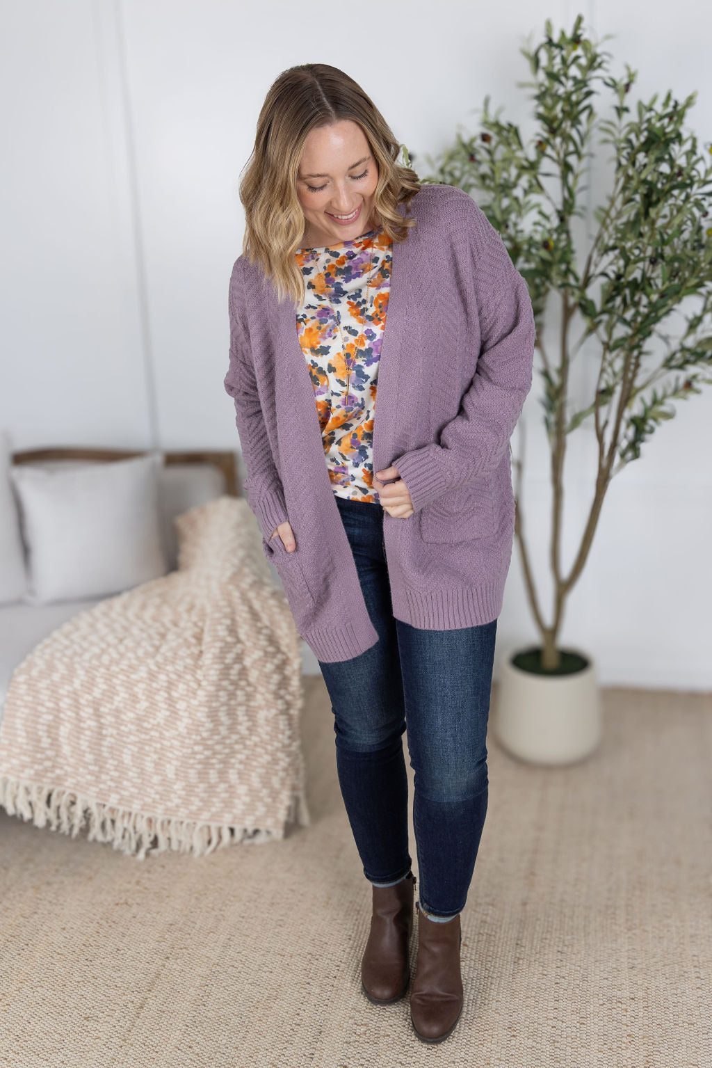 Billie Open Knit Cardigan in Dusty Purple