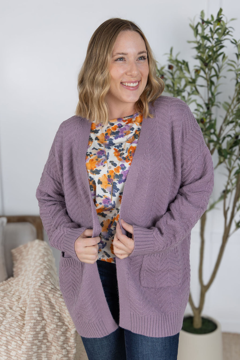 Billie Open Knit Cardigan in Dusty Purple
