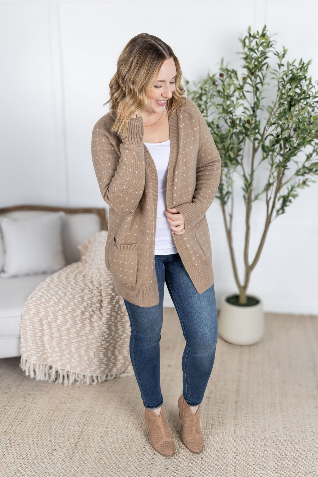 Dalilah Dot Cardigan in Tan