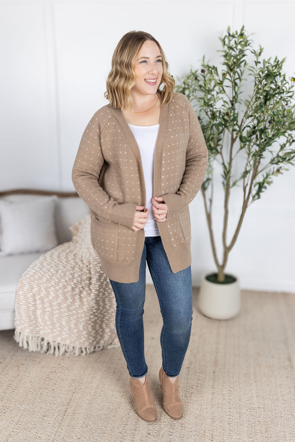 Dalilah Dot Cardigan in Tan