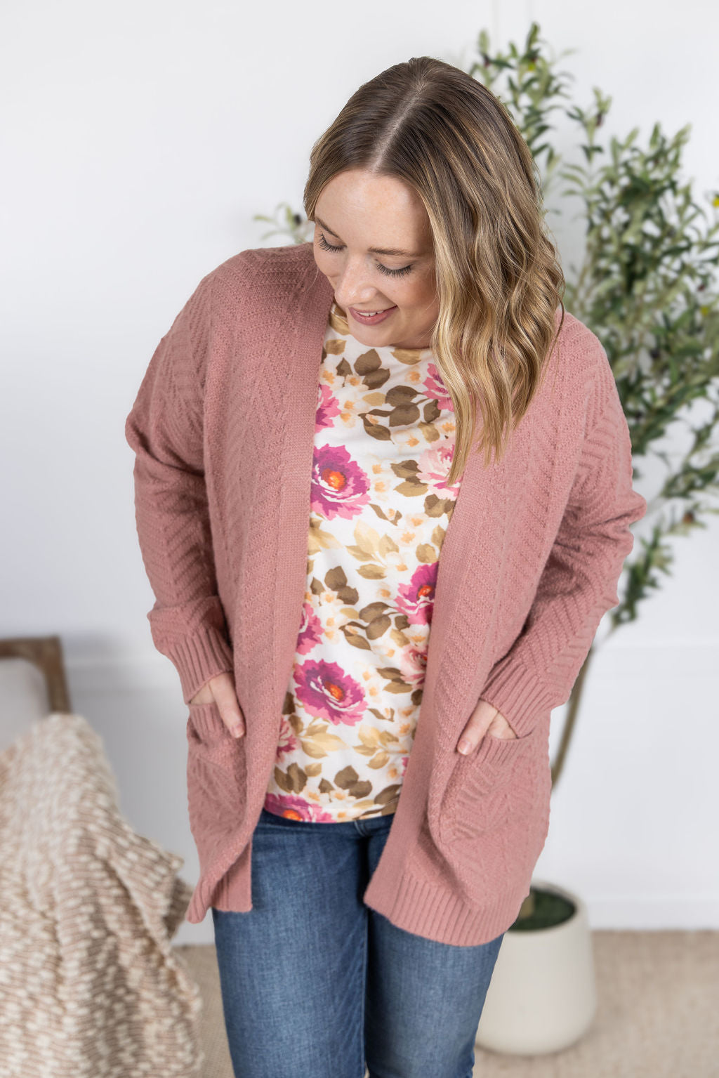 Billie Open Knit Cardigan in Dusty Rose