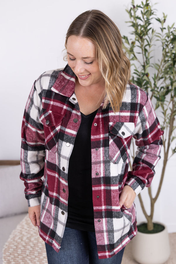 Norah Plaid Shacket in Merlot Mix