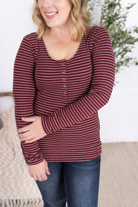 Striped Henley Long Sleeve in Burgundy