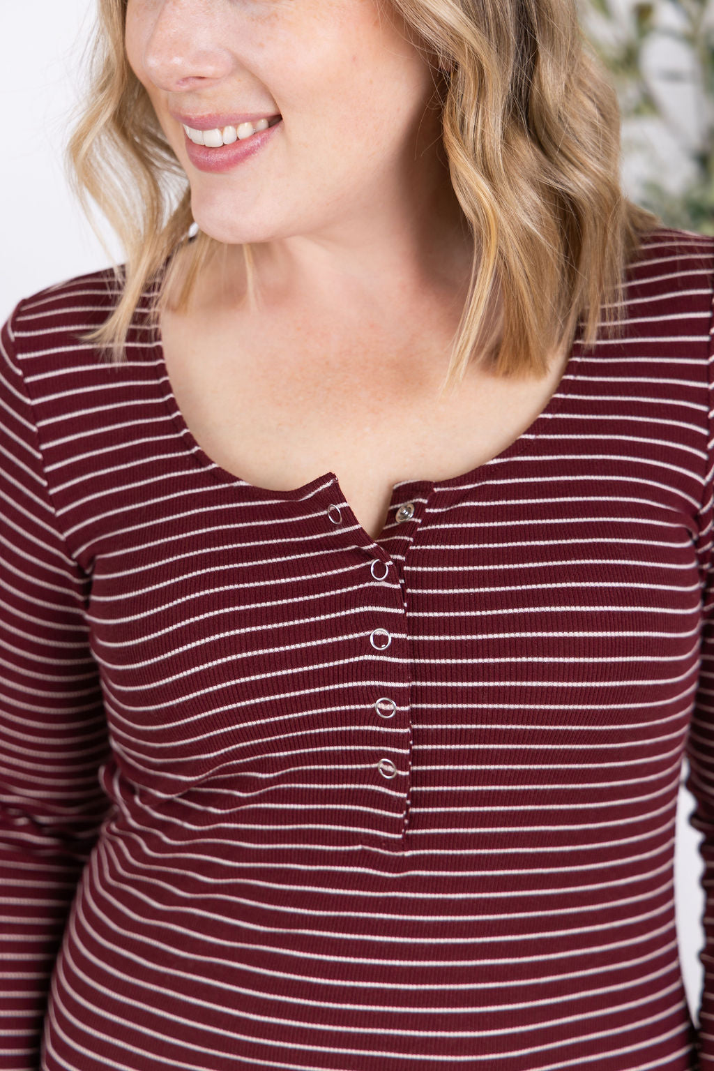Striped Henley Long Sleeve in Burgundy