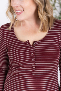 Striped Henley Long Sleeve in Burgundy