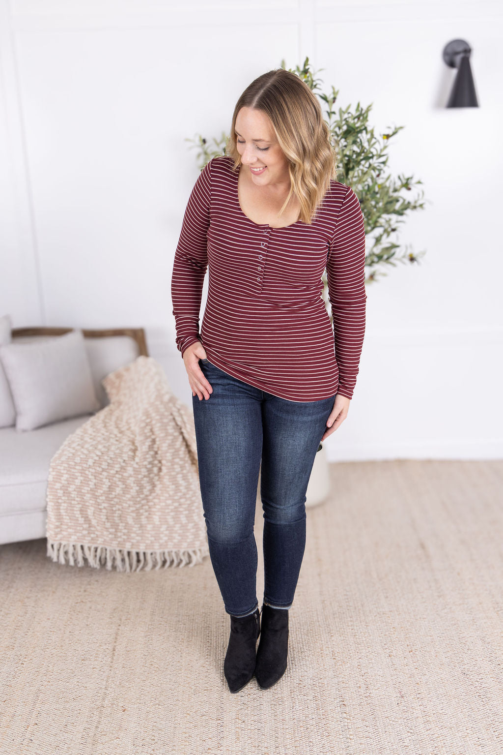 Striped Henley Long Sleeve in Burgundy