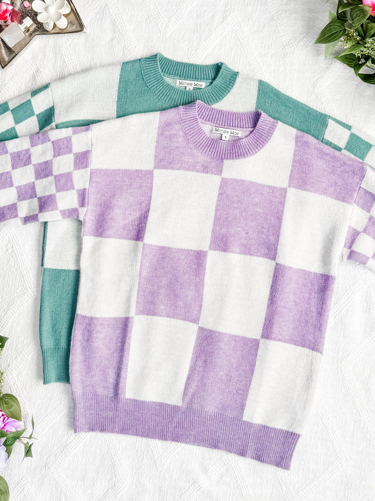 Checkered Pullover Sweater in Dusty Jade