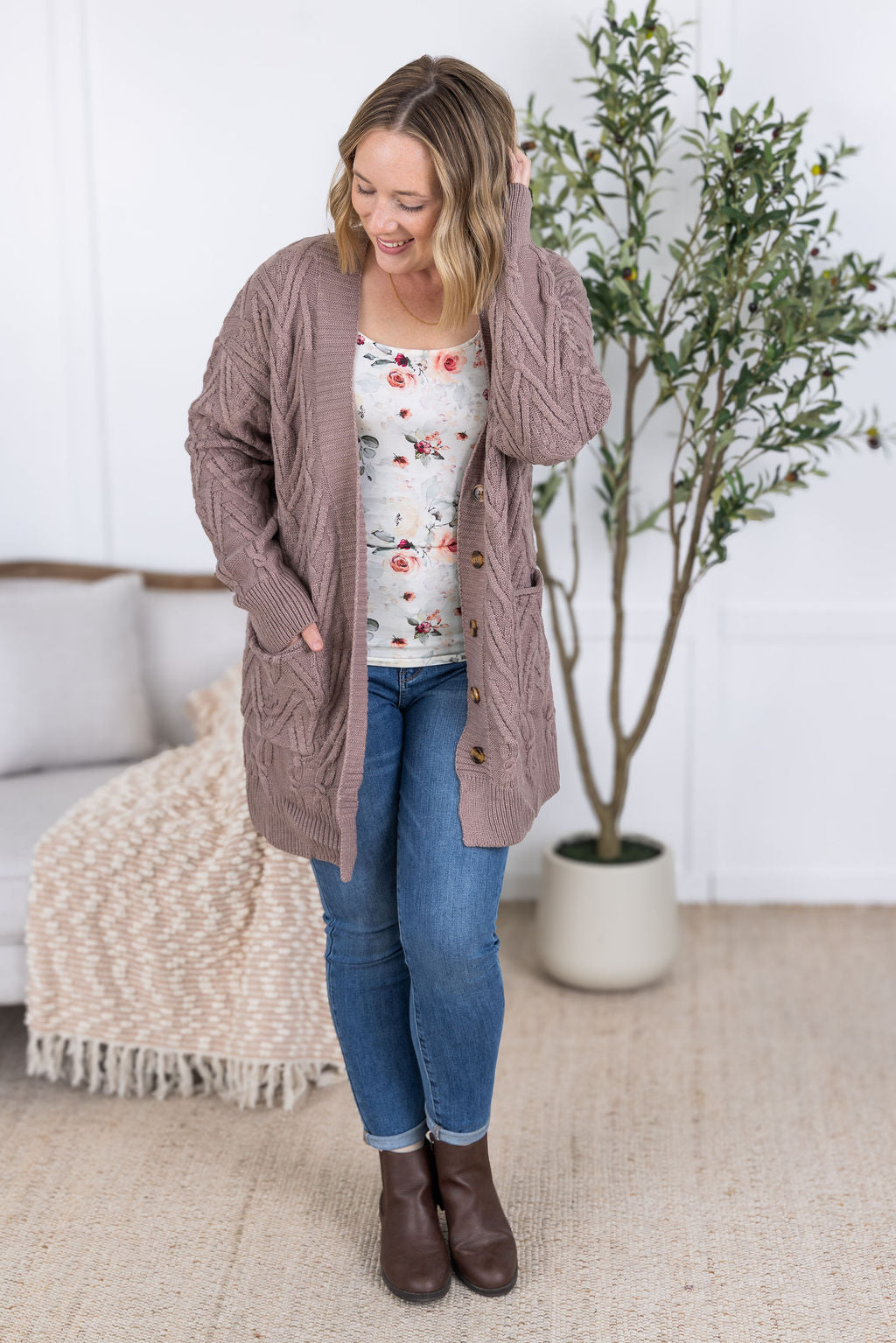 Brooks Button Sweater Cardigan in Light Mocha